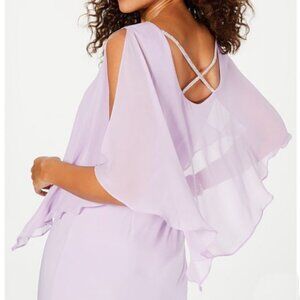 MSK 3/4 sheer sheath dress, rhinestone trim, cold shoulder- Lavender color